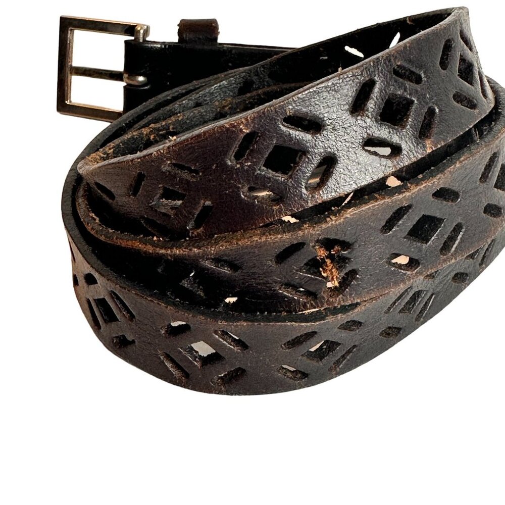 Vintage Brown Leather Belt With Cut-Out Design & Metal Buckle 42in long - Picture 7 of 8